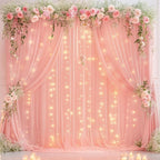Wish Care 10ft x 10ft Baby Pink Chiffon Backdrop Curtain with Lights String for Parites Wedding Wrinkle Free Curtain Photo Backdrops Drapes for Baby Shower Birthday Party Home Decorations