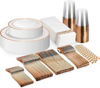 Neatiffy 225 Pcs Rose Gold Rim Plastic Dinnerware Set (25 Guests) | 25 x (Dinner Plate, Dessert Plate, Plastic Silverware, Cup, Napkin, Straw) | For Wedding, Luxurious Party, Special Event