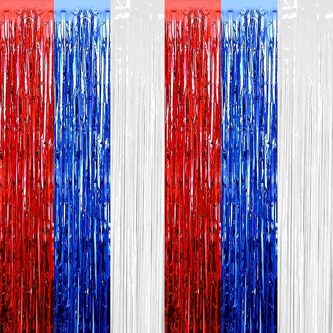 4 Pack Red Blue White Foil Fringe Curtain Backdrop, 3.28Ft x 8.2Ft Metallic Tinsel Foil Fringe Streamers Curtains for Photo Booth, Wedding, Mardi Gras, Birthday, Independence Day Party Decoration