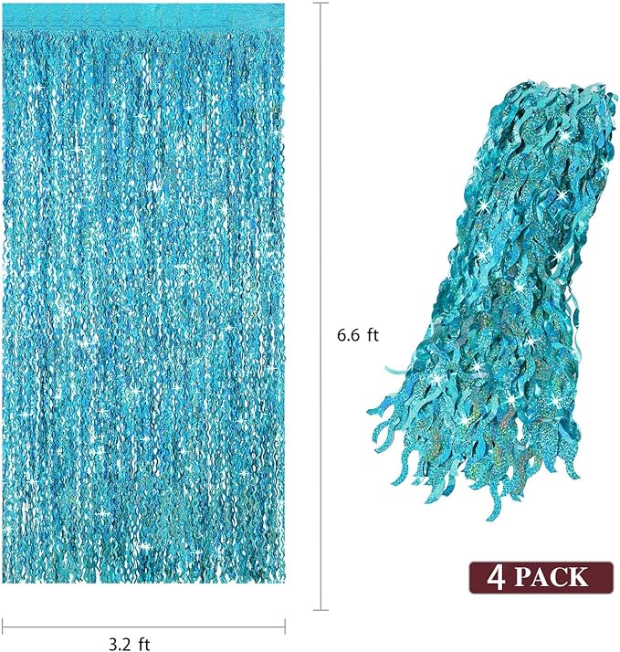 4 Pack Teal Aqua Blue Wavy Foil Fringe Curtains Party Decorations - 3.3 ft x 6.6 ft Sparkle Streamer Tinsel Curtain Party Photo Backdrops for Birthday Party Christmas Graduation Decoration