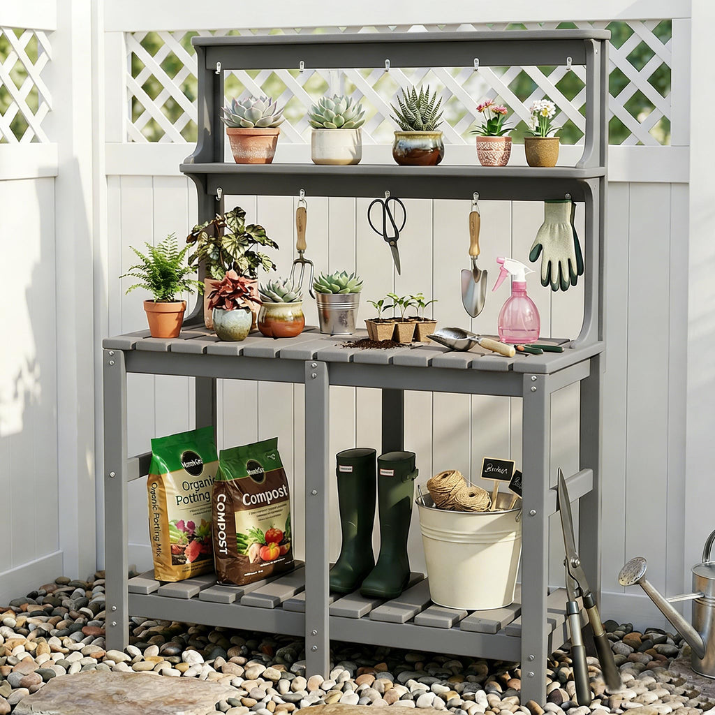 Polyhouz Outdoor Potting Bench with 3 Tier, All-Weather Patio Potting Table with Tool Hooks, HDPE Gardening Table for Backyard, Garden, Grey