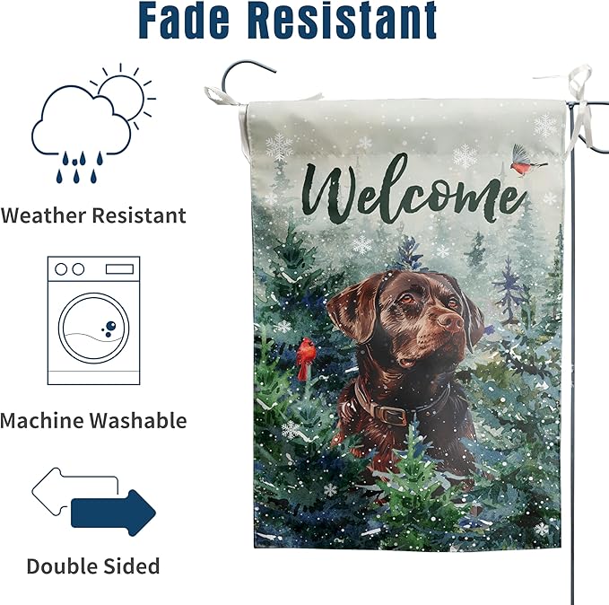 Welcome Winter Garden Flags Chocolate Lab Garden Flag Cardinal Birds on Snowy Pine Tree Flag Labrador Dog Yard Flags for Outside 12x18 Double Sided Christmas Decorative Lawn Flags