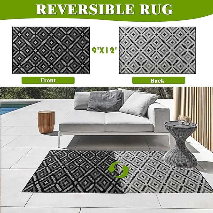 Outdoor Rug 9x12 ft Waterproof, Reversible Outdoor Plastic Straw Rug for Patios Clearance, Outdoor Area Rug Carpet RV Mat for Camping Backyard Deck Porch
