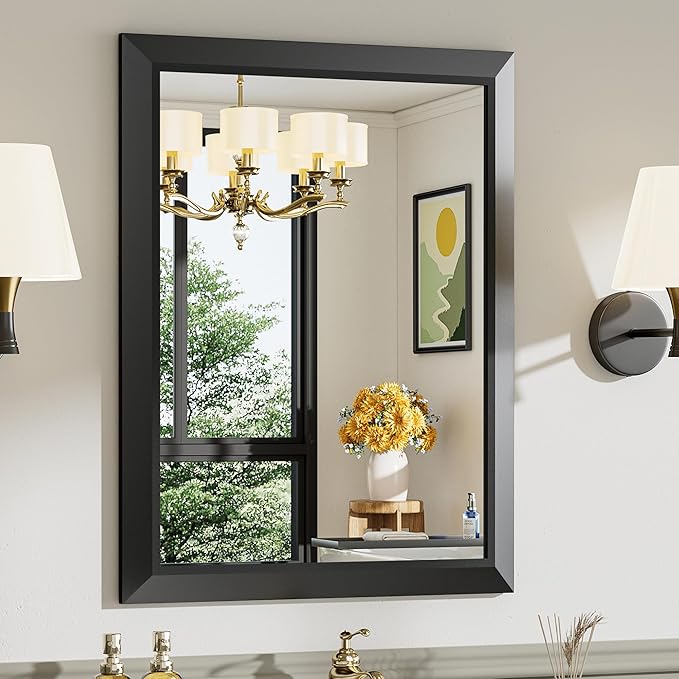 24x30 Inch Black Bathroom Mirror for Wall, Thick Metal Framed Rectangle Mirrors for Over Sink, Bedroom, Living Room, Entryway, Anti-Rust, HD Tempered Glass