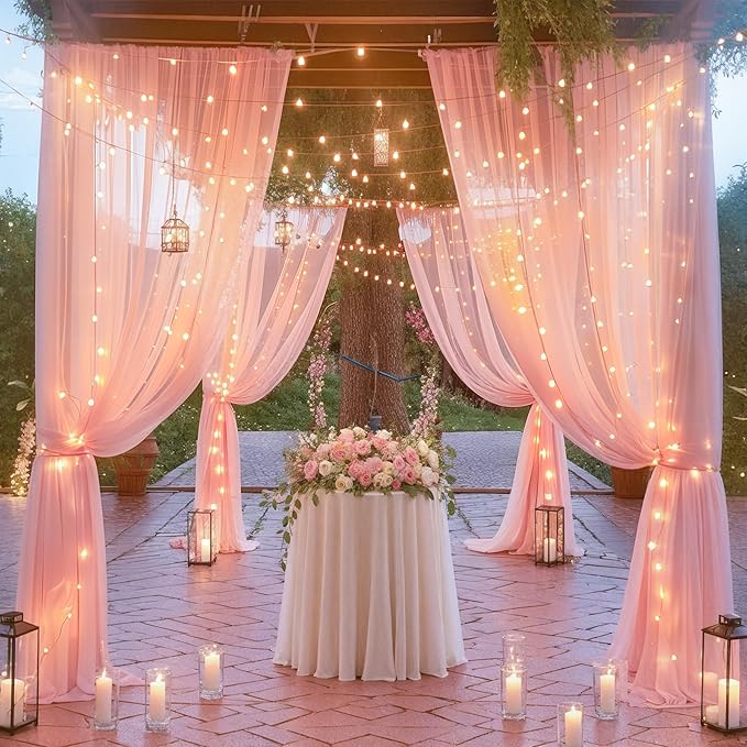 10ft x 7ft Baby Pink Chiffon Backdrop Curtain with Lights String for Parites Wedding Wrinkle Free Curtain Photo Backdrops Drapes for Baby Shower Birthday Party Home Decorations