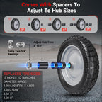 4.80/4.00-8 Tire and Wheel, 14.5" Flat Free Wheelbarrow Tire, 5/8" 3/4" Bearings Universal Solid Replacement Tires, 3" -7" Centered Hub for Hand Truck, Garden Cart, Includes Spacer Kit