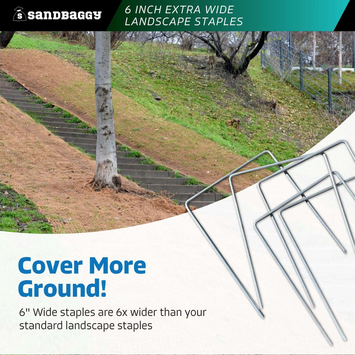 Sandbaggy 6" Wide Landscape Staples - Extra Heavy Duty: 7 Gauge Galvanized Steel - Hold Down Pipes, Landscape Fabric, Ground Cover, Erosion Control Netting, Sod, & Turf (600, 6" W x 8" L)