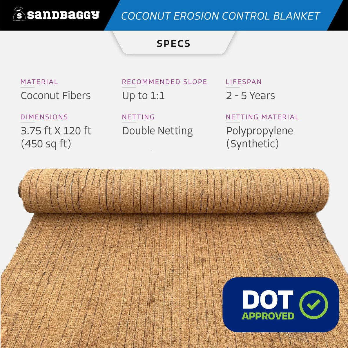 Sandbaggy Coconut Erosion Control Blanket – 3.75 ft x 120 ft Coir Mat for Soil Retention, Slope Stabilization, Plant Growth & Ground Cover–Ideal for Hillsides & DOT Projects - 50 Rolls (22,500 sq ft)