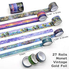 27 Rolls Monet Gold Foil Vintage Washi Tape Set - Decorative Masking Tapes for Scrapbooking, Journaling, Crafts, School Supplies