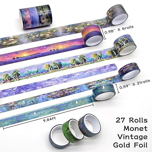 27 Rolls Monet Gold Foil Vintage Washi Tape Set - Decorative Masking Tapes for Scrapbooking, Journaling, Crafts, School Supplies