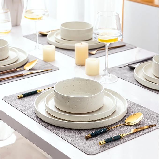 AmorArc Ceramic Dinnerware Set for 8 | Speckled Stoneware Plates and Bowls with Rustic Terracotta Underside| Scratch Resistant,Dishwasher & Microwave Safe Dishes Sets- 24pcs Beige
