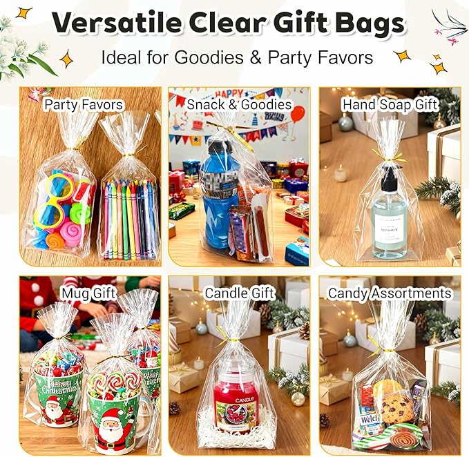 PigPotParty Cellophane Bags 8"x11", 50 Pack Clear Gift Bags, 3.15" Bottom Gusset for Stand-Up Display, Plastic Cellophane Gift Wrap, Ideal for Goodies, Treats, Party Favors, Mugs, Includes 50 Ties
