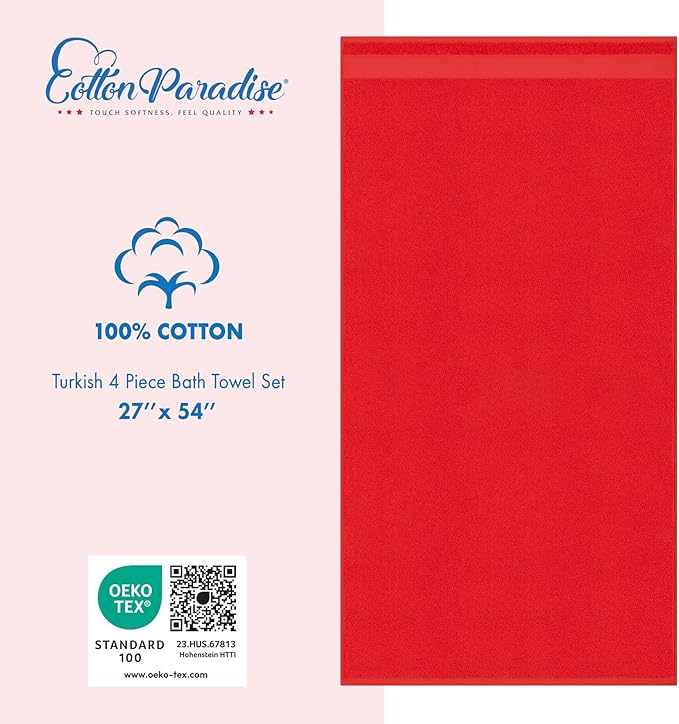 Cotton Paradise 4 Piece Turkish Bath Towels for Bathroom, 100% Cotton Extra Large Soft Plush Towels Bathroom Set, Red