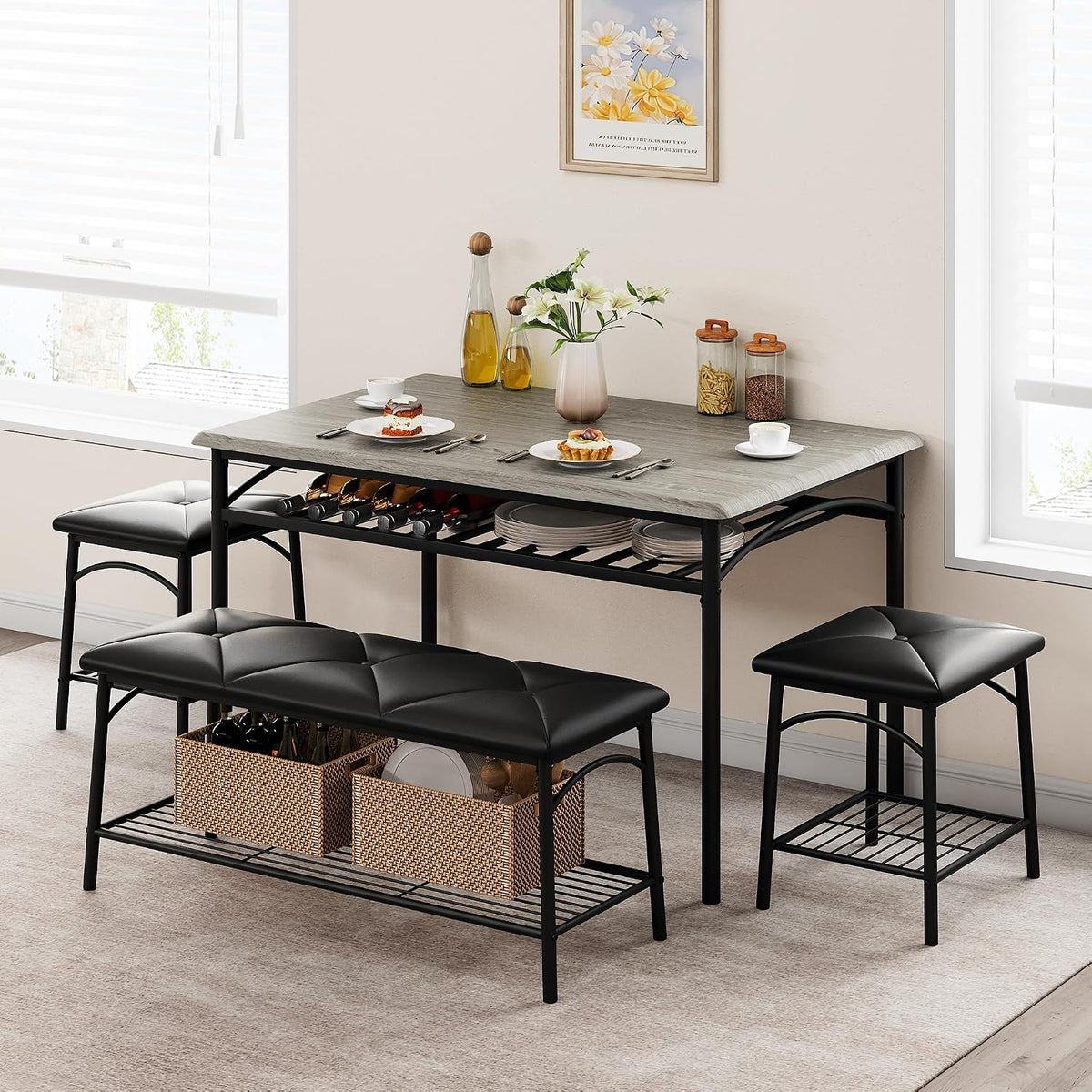 GAOMON Dining Table with Benches, Kitchen Table Set for 4, Dining Room Table Set with Upholstered Bench and Square Stools, Metal and Wood Dining Table Set for 4 with Storage for Small Space-Grey