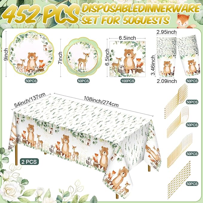452 Pcs Woodland Party Decoration for 50, Woodland Animal Baby Shower Paper Plates Napkins Cups Tablecloth Cutlery Straws for Forest Wild Safari Birthday Gender Reveal Party Supplies