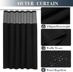 N&Y HOME Extra Long Waffle Weave Shower Curtain with Snap-in Fabric Liner Set, 12 Black Hooks Included - 71" x 84", Hotel Style, Mesh Top Window, Machine Washable & Water-Repellent - 71x84, Black
