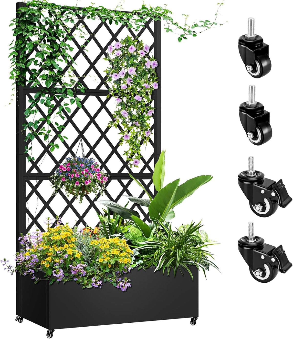 Metal Planter Box with Trellis, 72"x35"x16" Metal Raised Garden Bed with Trellis, Trellis Planter Box with Drainage Holes & Lockable Casters for Climbing Plants, Vegetables, and Vines