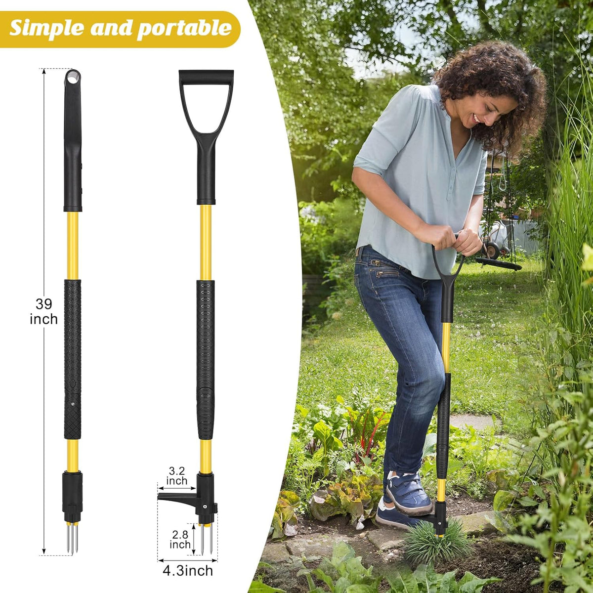 39" Stand Up Weed Puller Tool - Heavy Duty Detachable 3-Claw Weeder with Ergonomic Long D-Handle | Tools for Effortless Garden Weed Removal (Dandelions, Thistles & More)