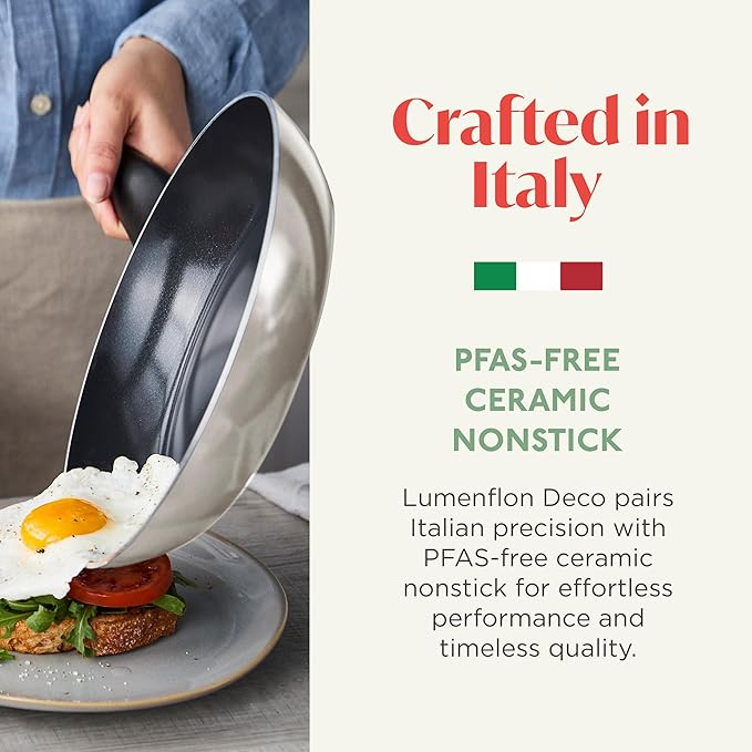 Deco 8” Nonstick Frying Pan Skillet, Made in Italy, Diamond Ceramic PFAS-Free, Dishwasher & Metal Utensil Safe, Durable Gloss Enamel Finish, Stay-Cool Handle, High Walls-Extra Room, Taupe