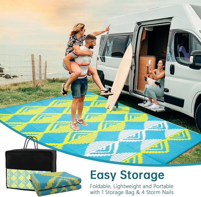 Beeiva Outdoor Rugs 9x12 for Patios, Waterproof Reversible Plastic Straw Patio Mat, Modern Geometric Foldable Outdoor Rug for Camping, Porch, Deck, Backyard, Balcony, Picnic - Blue & Yellow