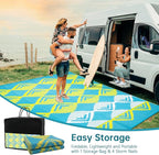 Beeiva Outdoor Rugs 9x12 for Patios, Waterproof Reversible Plastic Straw Patio Mat, Modern Geometric Foldable Outdoor Rug for Camping, Porch, Deck, Backyard, Balcony, Picnic - Blue & Yellow