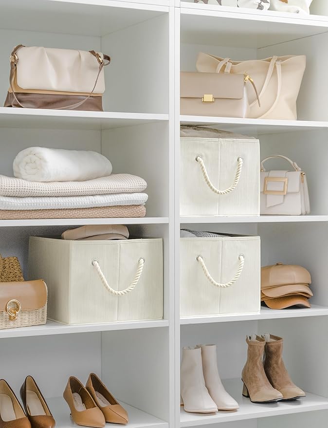 StorageWorks Storage Baskets for Shelves, Foldable Fabric Closet Storage Bins with Handles, Fabric Storage Bins Clothes Organizer, Beige, White & Ivory, 3-Pack, Extra Large
