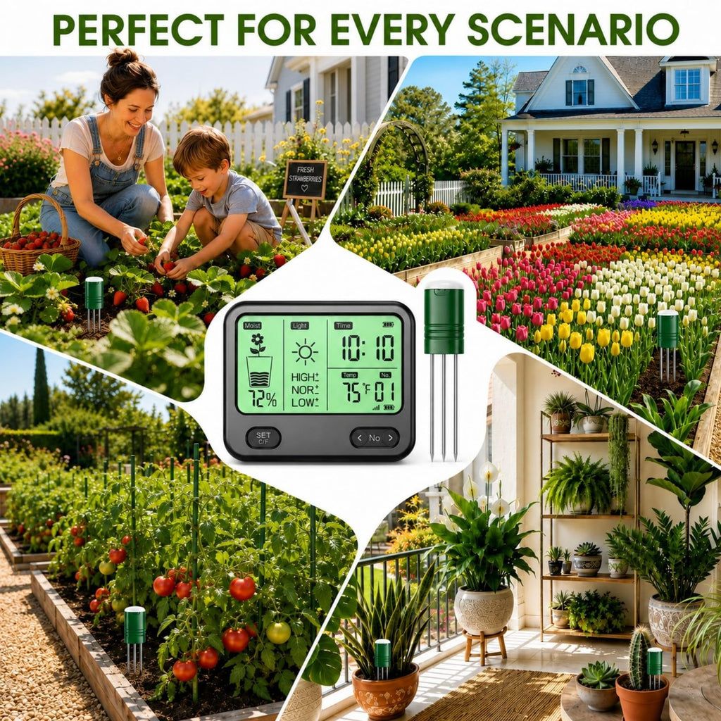 4-in-1 Soil Moisture Meter for Plants ,Soil Temperature /Moisture /Sunlight Time, Large Screen, Garden Soil Tester for Lawn, Farm, Houseplants，Wireless Indoor/Outdoor Plant Water Meter (Dark Black)