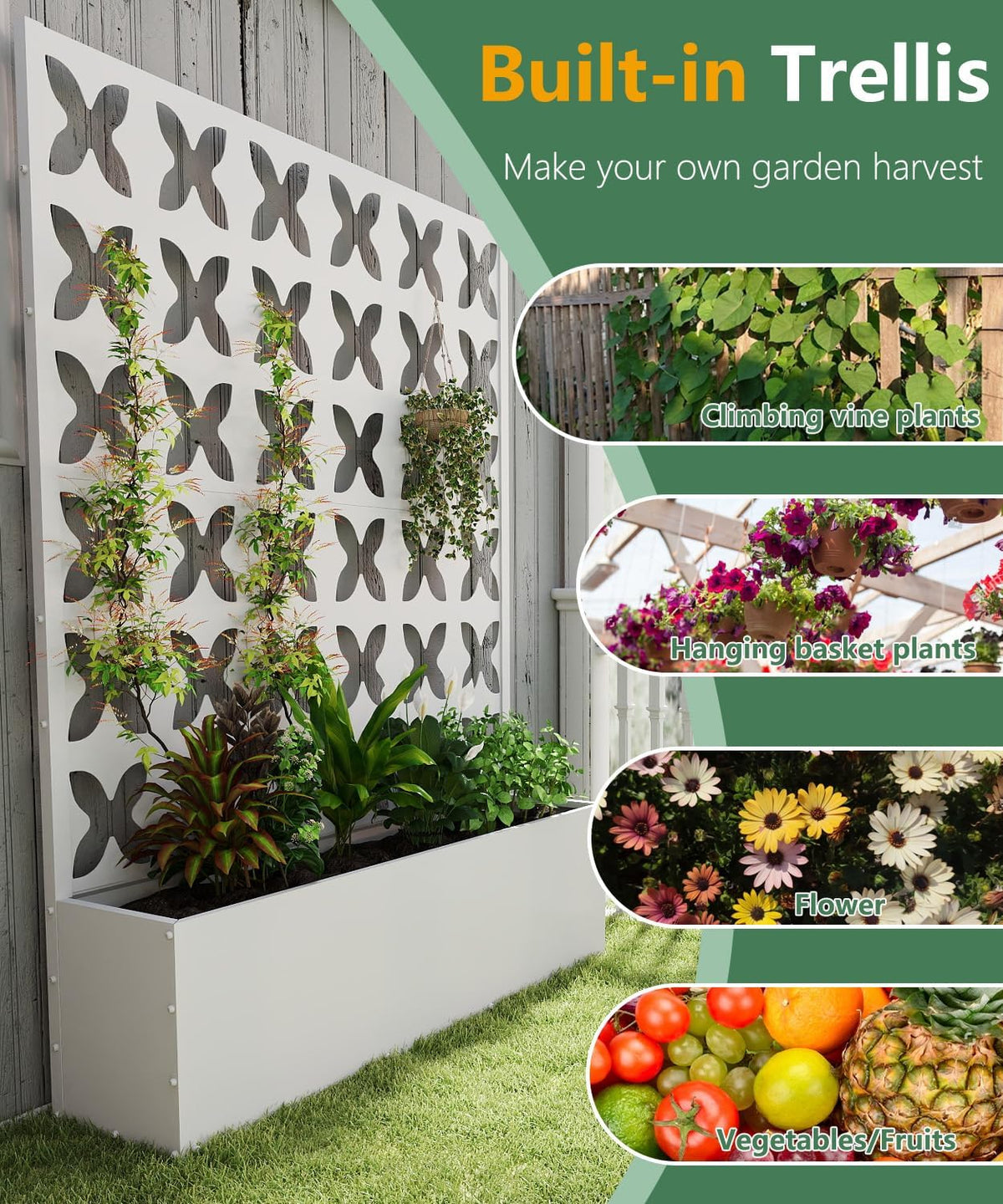 2PCS Metal Planter Box with Trellis,70.9"x47.2"x15.7" Raised Garden Bed with Drainage Holes, Privacy Planters for Outdoor Garden Bed for Climbing Plants,Vegetables,and Vines, White-X