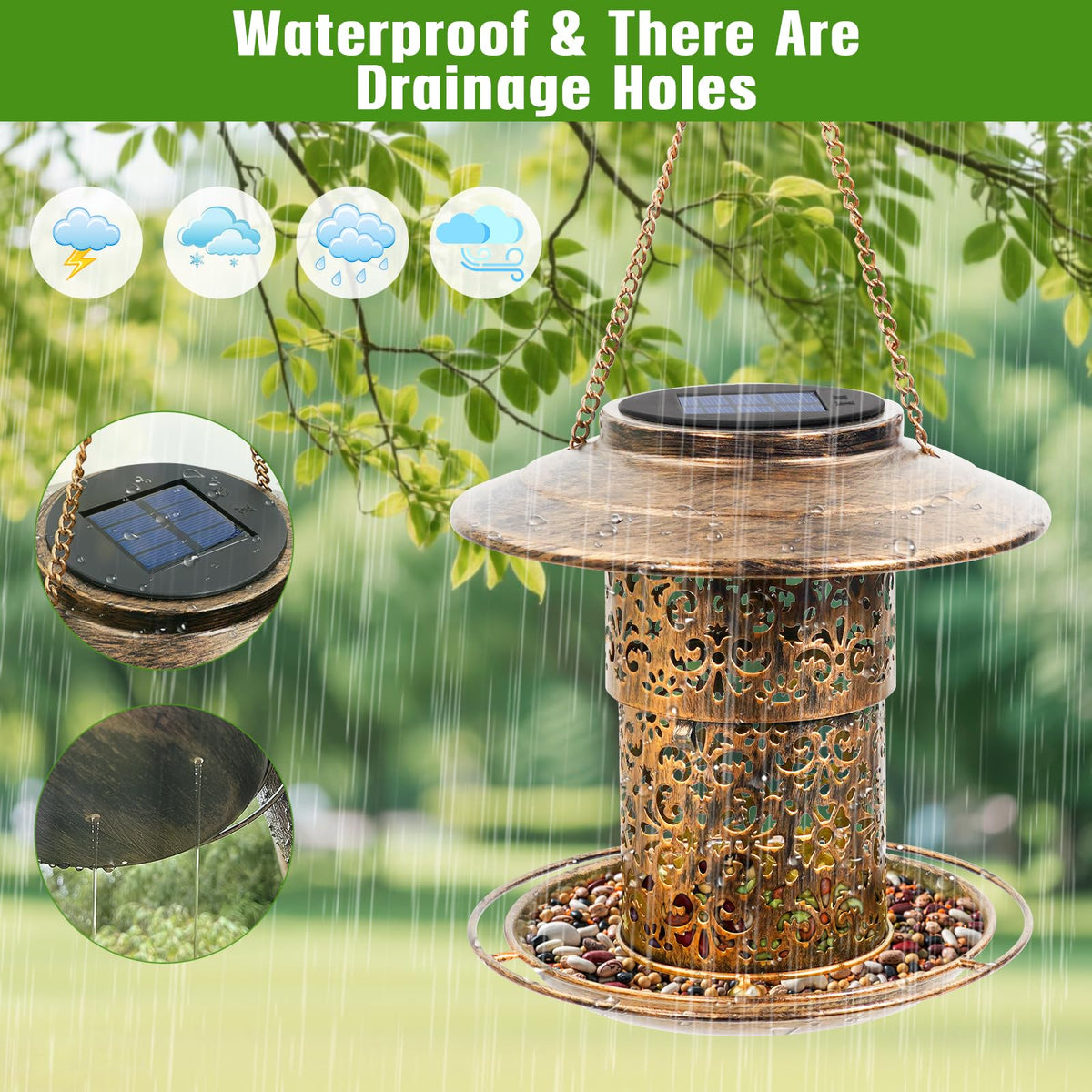 DY-SKTY Metal Bird Feeder for Outdoor Hanging, Large Capacity Solar light Wild Bird Feeder with Drainage Holes,Landing Ring, Solar Lanterns for Garden Decoration, Unique Bird Watching Gift for Outside