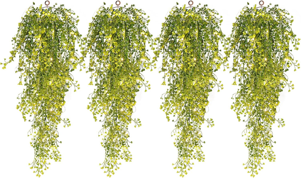 RECUTMS 4Pcs Artificial Hanging Ferns Plants with 30 Lights Fake Ivy Vine Faux Greenery Garland for Porch Fence Patio Yard Wedding Party Indoor Outdoor Decorations (Yellow)