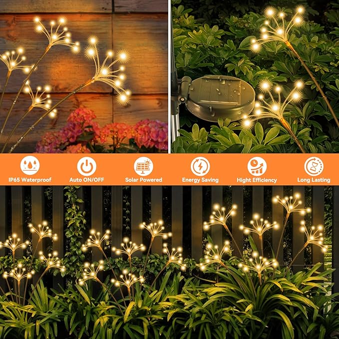 Solar Garden Lights 4 Pack Waterproof Solar Swaying Starburst Light Outdoor Lights for Yard Patio Walkway Pathway Party Wedding Christmas Decoration, Warm White