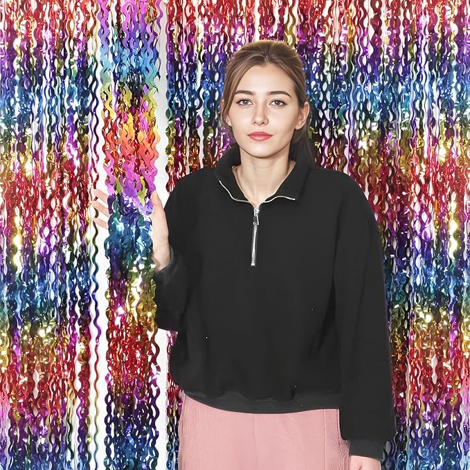 4 Pack Wavy Rainbow Foil Fringe Curtain | 3.3x6.6ft Colorful Tinsel Metallic Streamers Holiday Photo Booth Props Backdrop for Engagement Bridal Shower Unicorn Party Decorations