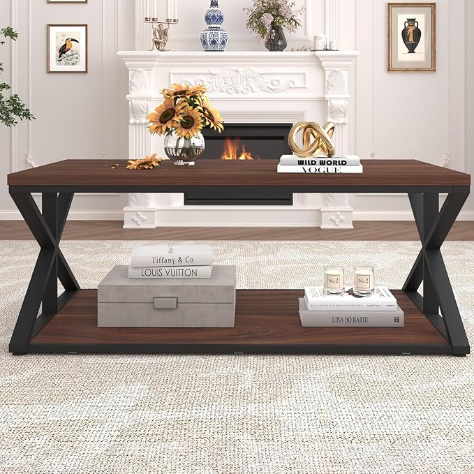 Launica Coffee Table with Storage, Modern Living Room Table, Minimalist Rectangle Center Table, Industrial Vintage Wood Tea Tables, 39 Inch, Walnut