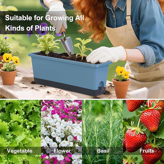 Window Box Planter 4 Packs, 17 Inches Rectangle Flower Pots with Drainage Holes & Trays, Pots for Vegetables, Herbs, Flowers, Garden Windowsill Balcony (Blue, 17 * 5.1 * 6 inch)