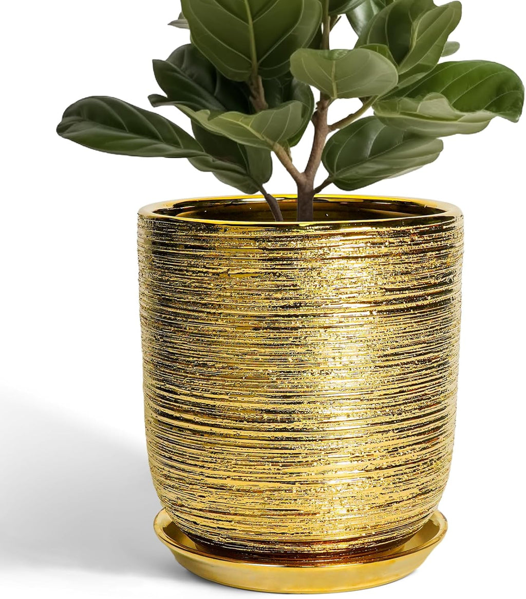 Ceramic Flower Pot for Indoor Plants - 10 Inch Plant Pot with Drainage Hole and Saucer, Decorative Round Outdoor Indoor Planter, Housewarming Gifts, Home Garden Decor, Gold