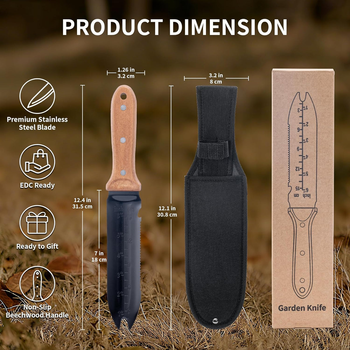 YANG Hori Hori Garden Knife, 7" Stainless Steel Gardening Knife with Oxford Cloth Sheath, Full Tang Beechwood Handle EDC Garden Tool for Dividing Plants & Weeding, Forked Tip for Transplanting
