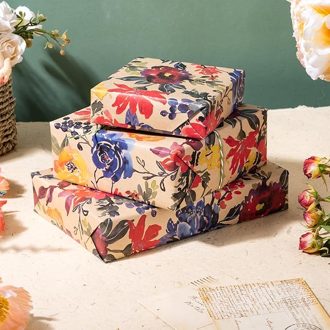 RUSPEPA Watercolor Floral Wrapping Paper, 17 Inches x 16. 4 Feet, Mini Roll, Flower Kraft Wrapping Paper Roll for Women, Girls, Spring, Birthdays, Baby Shower and Bridal Shower