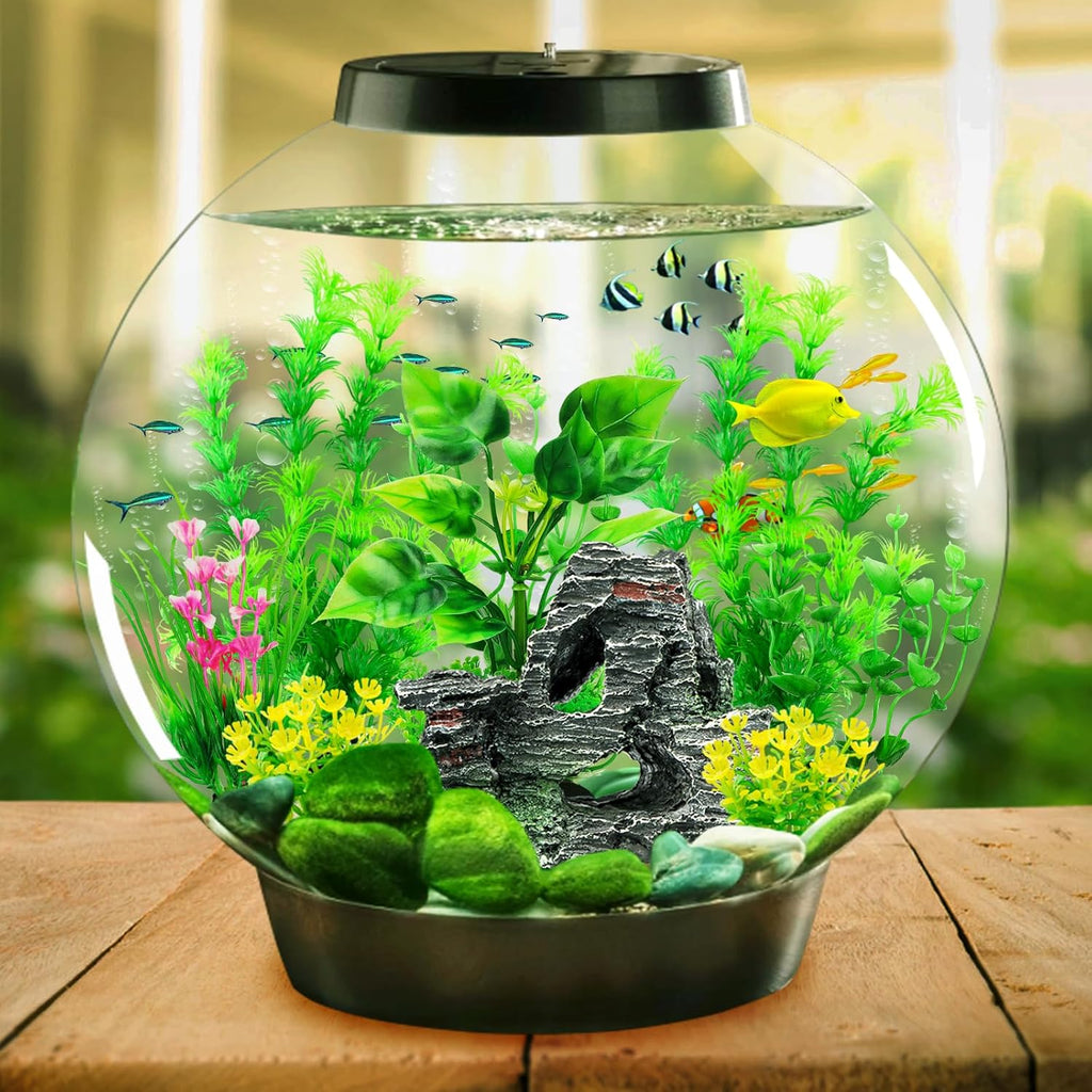 Fish Tank Accessories Artificial Plants, 9pcs Green Aquarium Decorations Plants and Cave Rock Decor Set, Aquarium Decor Plastic Plants