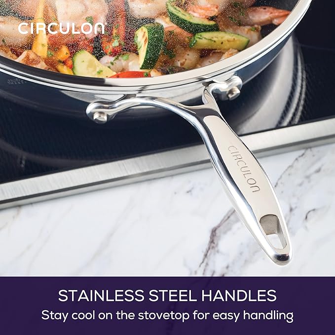 Circulon C1 Series Clad Stainless Steel with ScratchDefense Technology Cookware Nonstick Induction Frying Pans/Skillets with Lids, Metal Utensil Safe, 6 Piece Set - Polished Stainless Steel