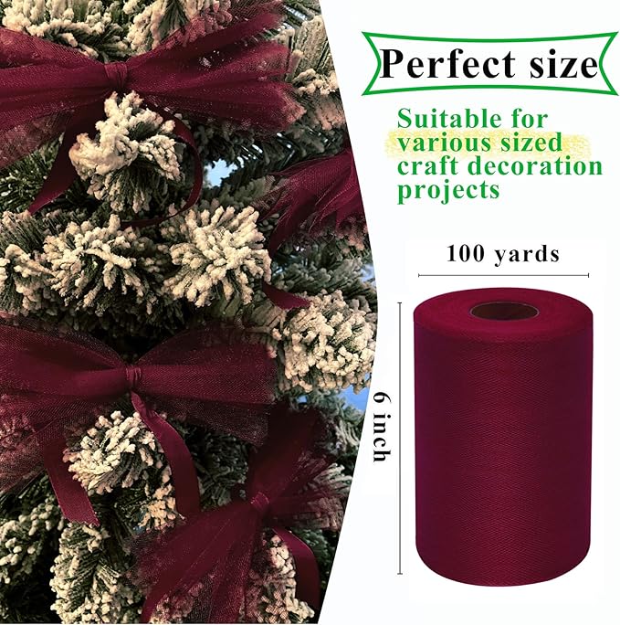 Burgundy Tulle Fabric Rolls 6 Inch by 100 Yards (300 feet) Fabric Spool Tulle Ribbon for DIY Burgundy Tutu Bow Baby Shower Birthday Party Wedding Decorations Christmas Craft Supplies