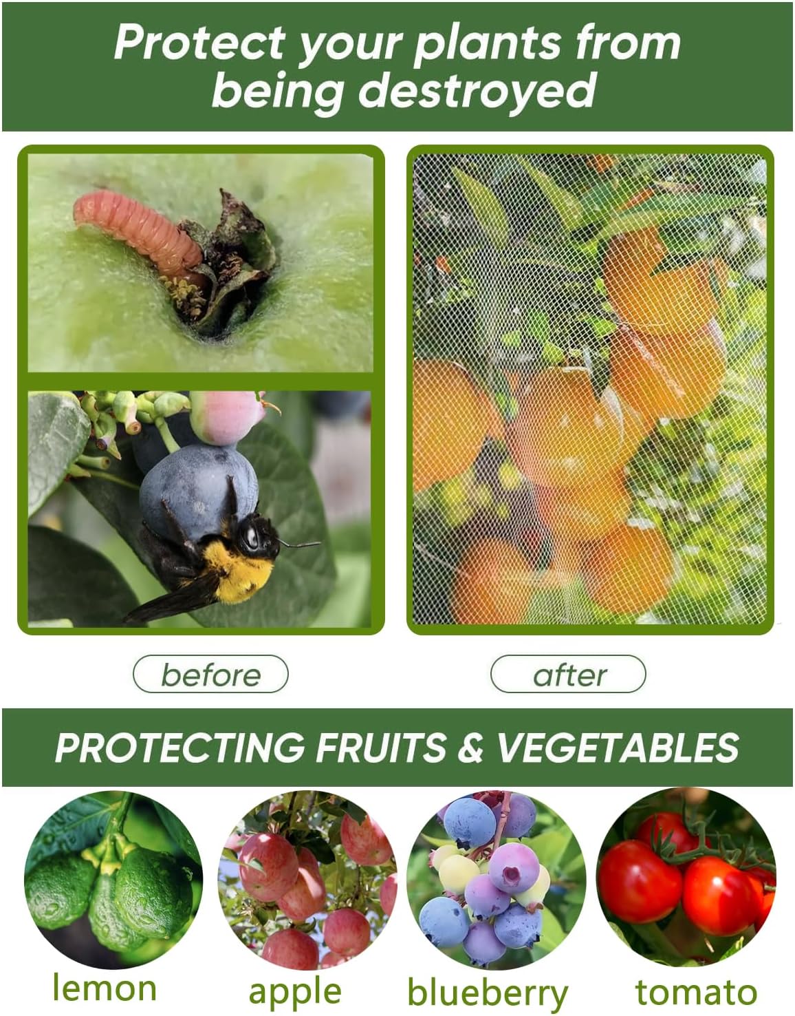 4 Pack Fruit Tree Netting with Zipper & Drawstring, 2.6 x 3.2 Ft Reusable Blueberry Bush Netting Cover, Durable Bird Netting for Vegetables, Trees, Bushes in Garden