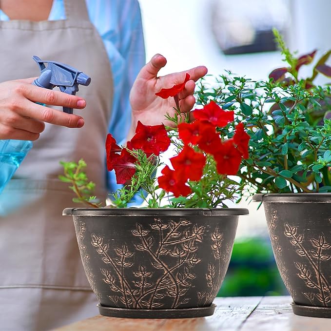 12-inch-Flower-Pots-Outdoor-Indoor, 4 Pack Plastic Planter Pots for Plant with Drainage Hole Saucer, Decorative Resin Garden Container with Tray