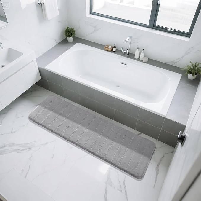 Yimobra Bathroom Runner 60"x24", Non Slip Memory Foam Bath Mat, Super Soft Water Absorbent Hallway Carpet, Machine Washable Rug for Vanity Tub Shower, Gray