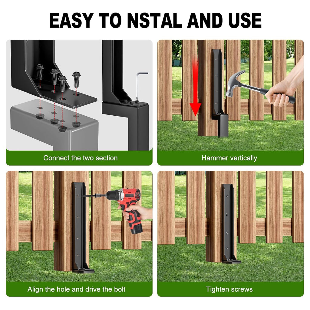 Fence Post Repair Kit，Heavy Duty Steel Fence Post Anchor Ground Spike ，Quick Fix Broken/Leaning Wood Posts with，and Fixed Fence Posts（2-Pack）