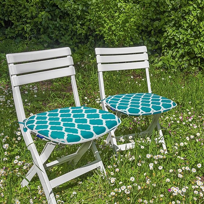 SleepMan Outdoor 17"x16" Chair Cushions with Ties Set of 8, Water Resistant All Weather U-Shape Seat Pads for Patio Garden Furniture Indoor Fade Resistant Patio Cushions (Aqua Plaid)