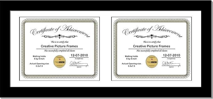 Creative Picture Frames 8X18Bk-W Black Horizontal Double Diploma Frame With 2 Opening White Matting | Holds 2-6X8-Inch Documents With Installed Wall Hanger
