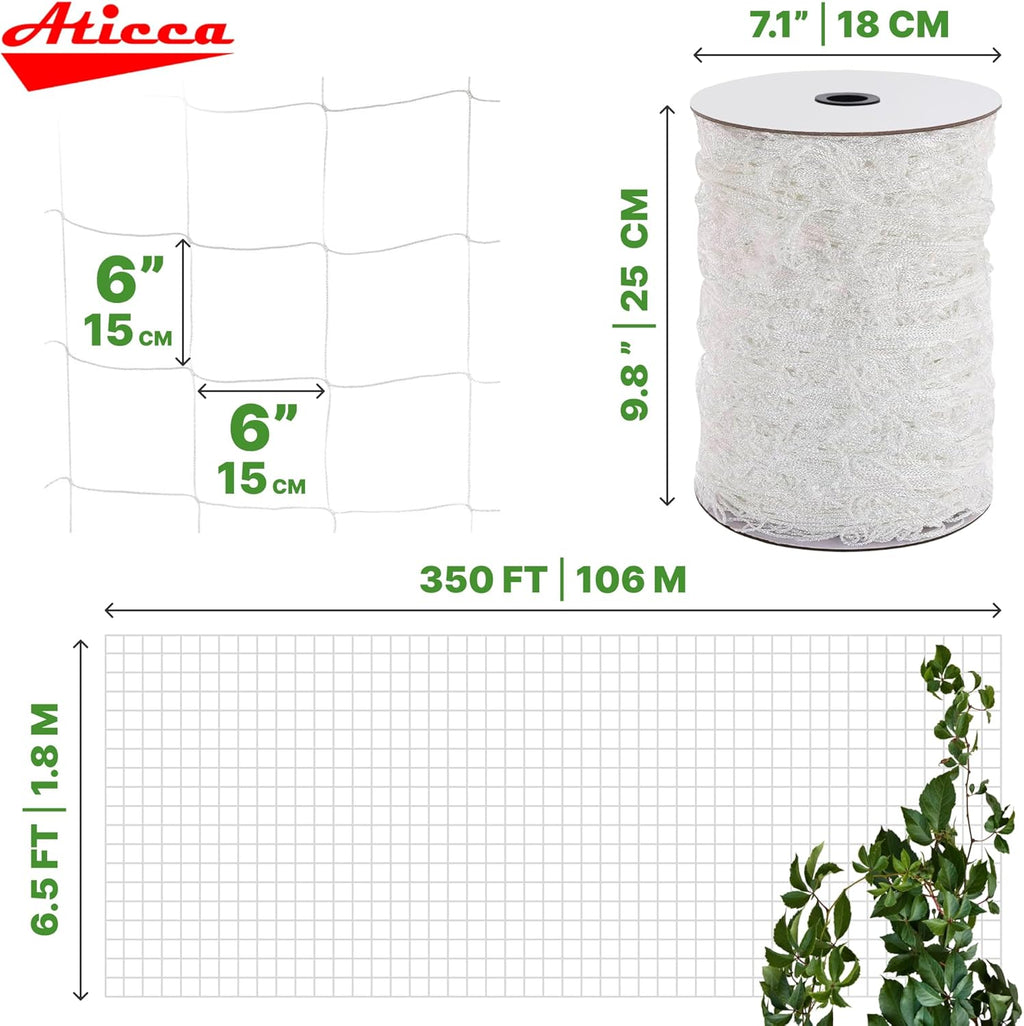 Trellis Netting 6.5 x 350 ft Heavy Duty Polyester Plant Support Netting White - 6 Inch Garden Rope Trellis on Roll - Mesh Twine for Growing Vine Climbing Plants, Flowers, Peas, and Tomatoes.