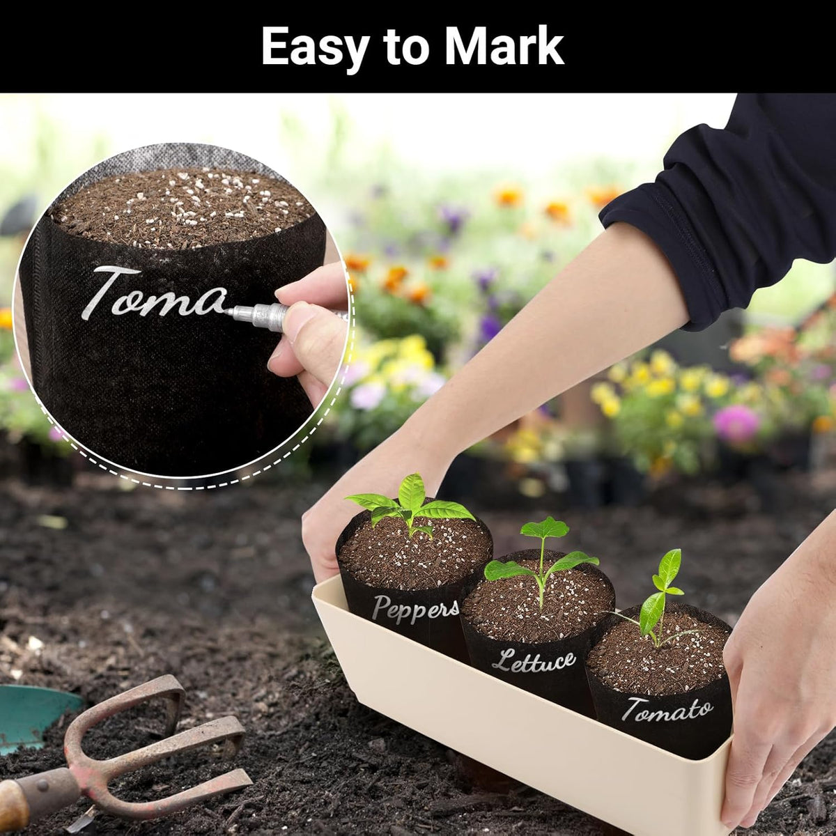 Black Plant Grow Bags, Pack of 100 7.5x7.5 Breathable Non-Woven Fabric Grow Bags for Planting Seedling Pots 1 Gallon Plant Pots