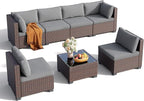 Qsun 7 Pieces Outdoor Patio Furniture Set, PE Rattan Outdoor Wicker Sectional Furniture Sofa Set, with Cushions and Glass Coffee Table, for Balcony, Porch, Garden, Grey