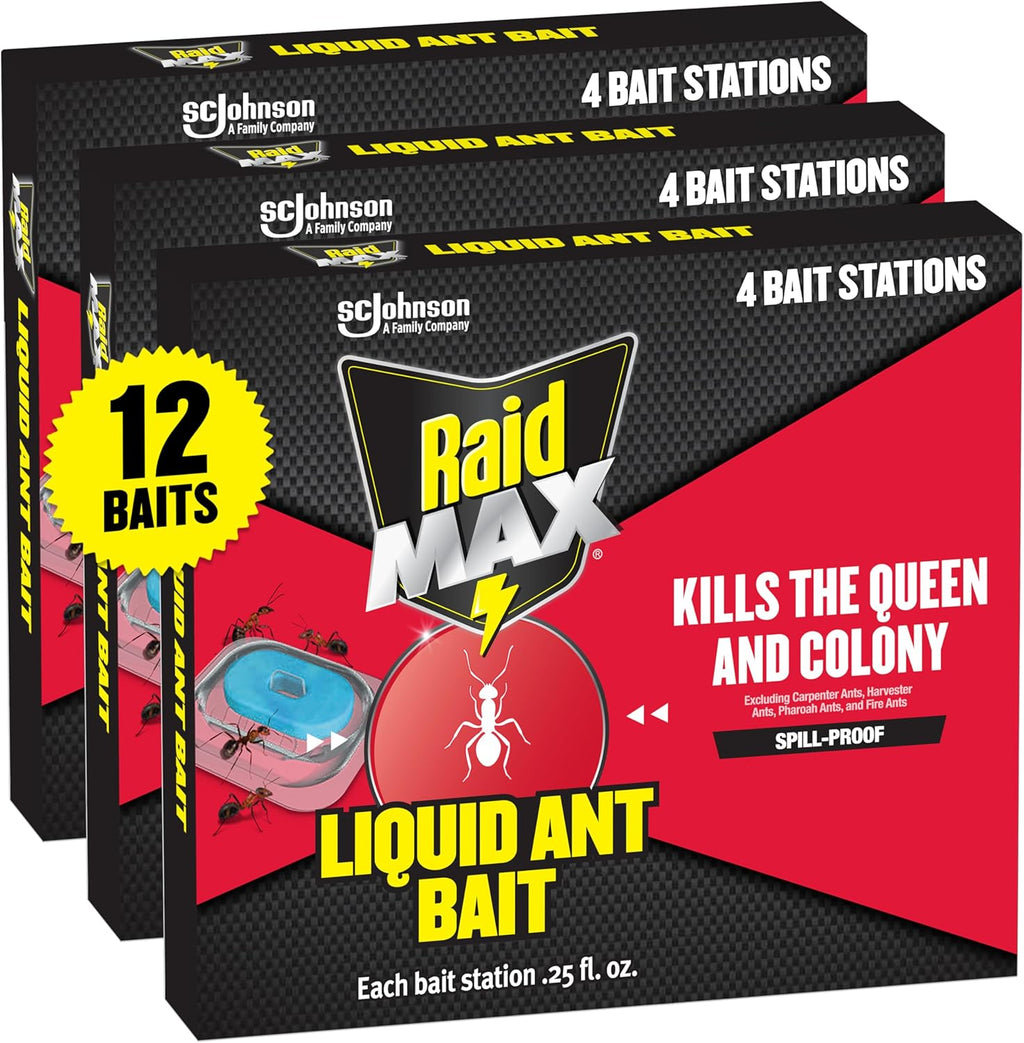Raid Max Liquid Ant Bait; Kills Ants Where They Breed, for Indoor and Outdoor Use; 12 Bait Stations